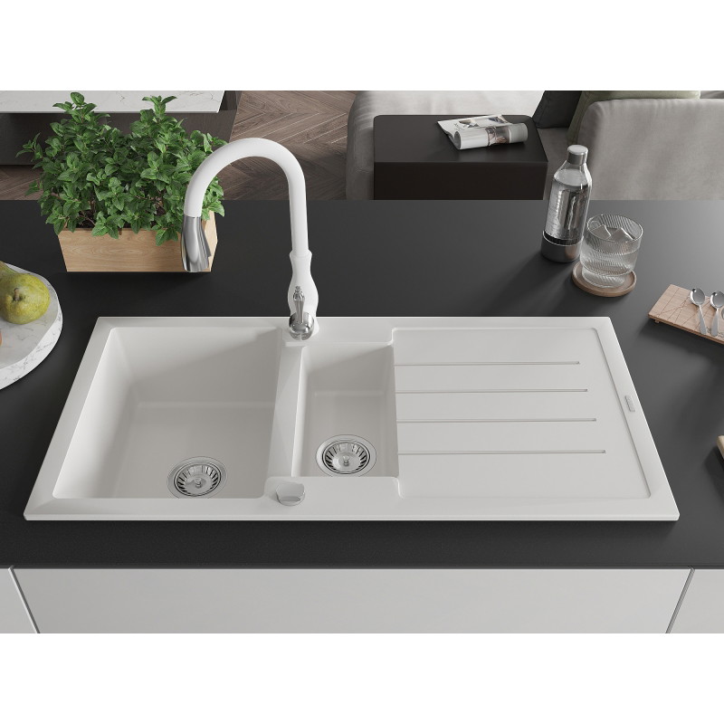 Mexen Andres chiuvetă de granit cu 1,5 compartimente cu scurgător și baterie de bucătărie Savita, albă - 6515-20-672601-20