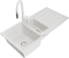Mexen Andres chiuvetă granit 1,5-camere cu scurgător și baterie de bucătărie Savita, alb - 6515-20-672601-20