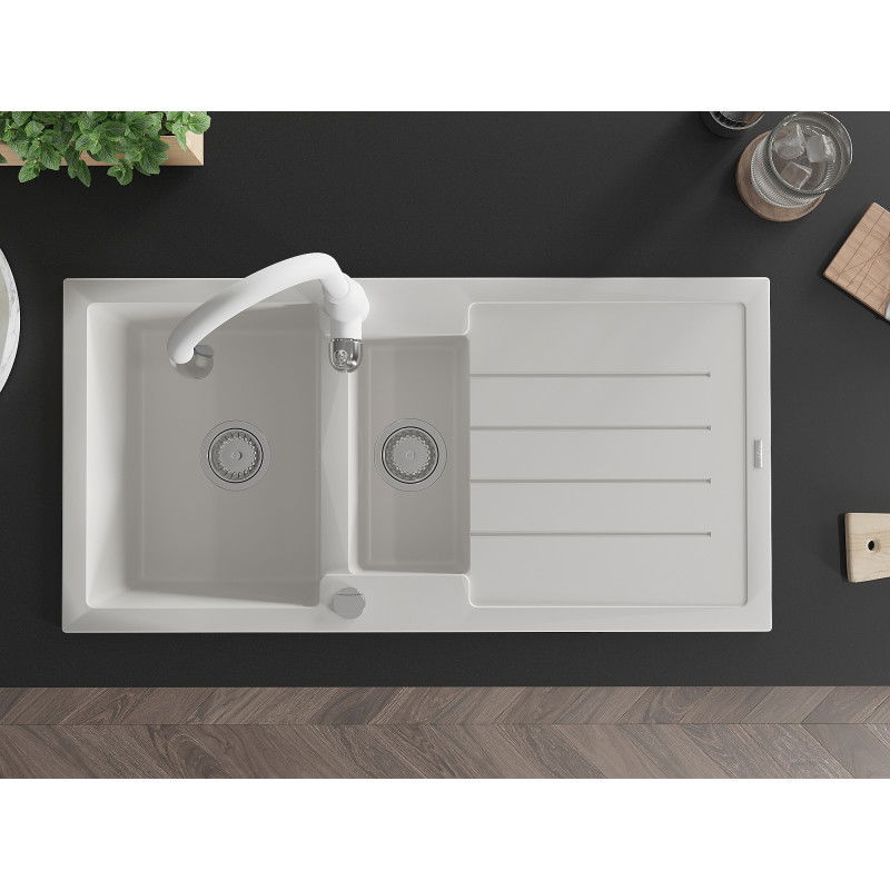 Mexen Andres chiuvetă granit 1,5-camere cu scurgător și baterie de bucătărie Savita, alb - 6515-20-672601-20