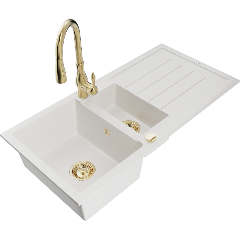 Mexen Andres 1,5 rekeszes gránit mosogató csepegtetővel és Savita konyhai csapteleppel, fehér - 6515-20-672601-50