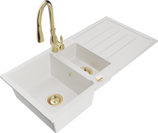 Mexen Andres chiuvetă din granit 1,5 compartimente cu picurător și baterie de bucătărie Savita, alb - 6515-20-672601-50