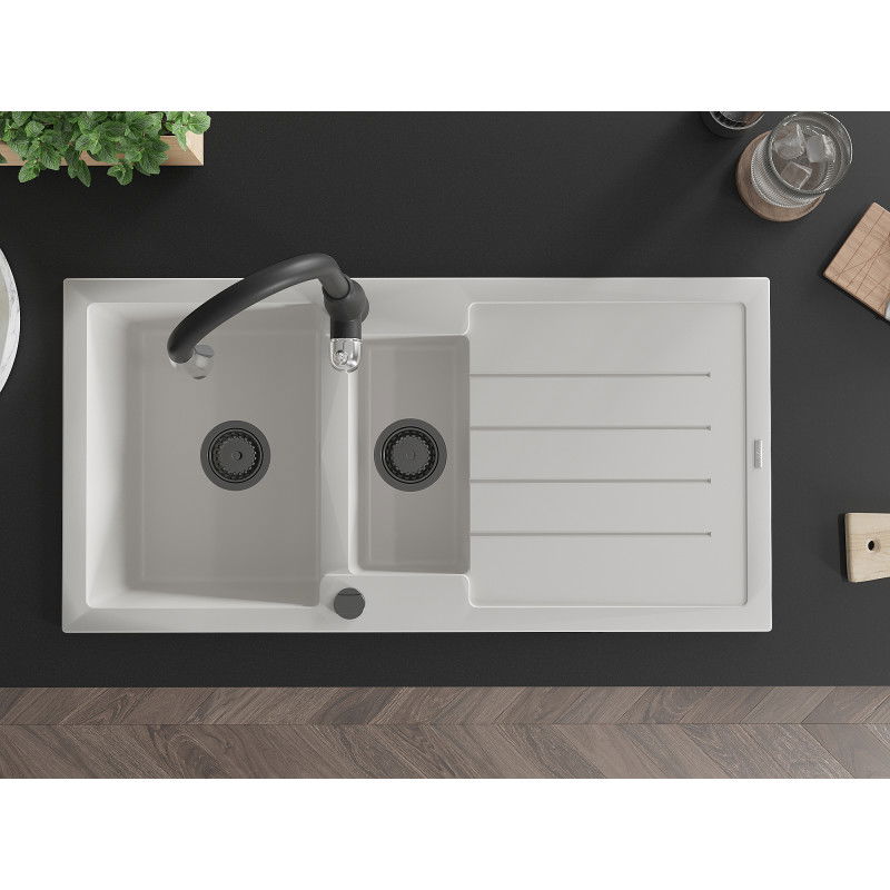 Mexen Andres chiuvetă din granit cu 1,5 compartimente cu picurător și baterie de bucătărie Savita, alb - 6515-20-672601-70