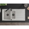 Mexen Andres Chiuvetă de granit cu 1,5 compartimente cu scurgător și baterie de bucătărie Savita, albă - 6515-20-672601-70