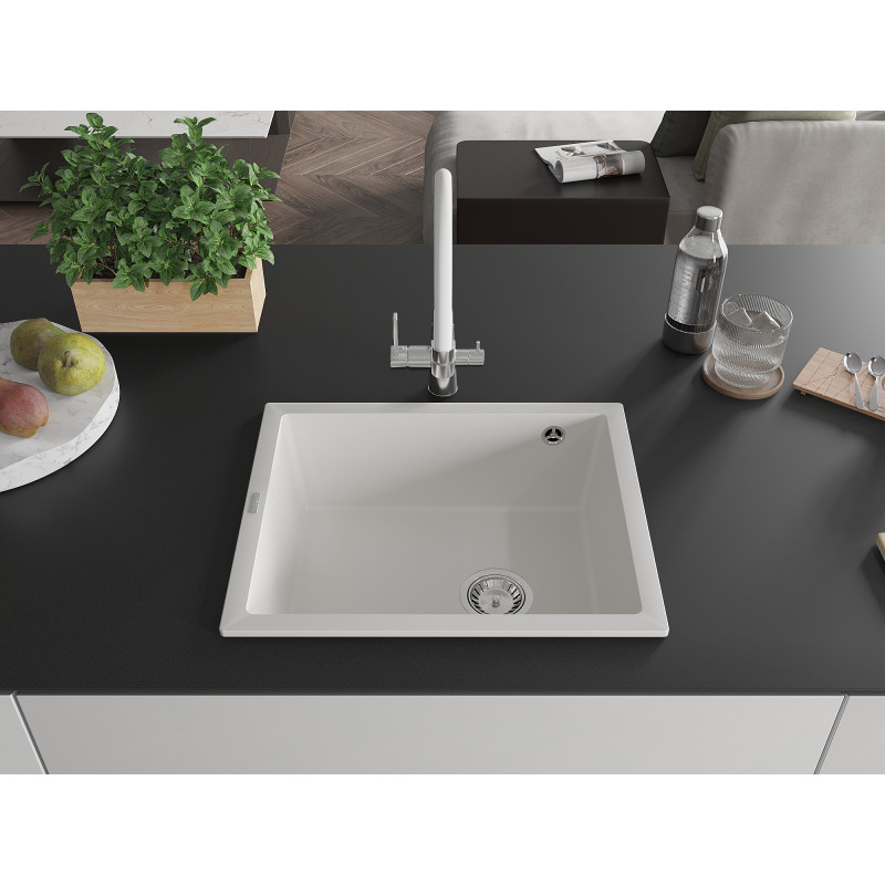 Mexen Pedro chiuvetă de granit cu 1 compartiment 560 x 460 mm, alb, sifon cromat - 6508561000-20