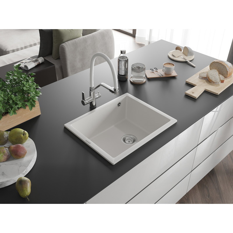 Mexen Pedro 1-medencés gránit mosogató 560 x 460 mm, fehér, króm szifonnal - 6508561000-20