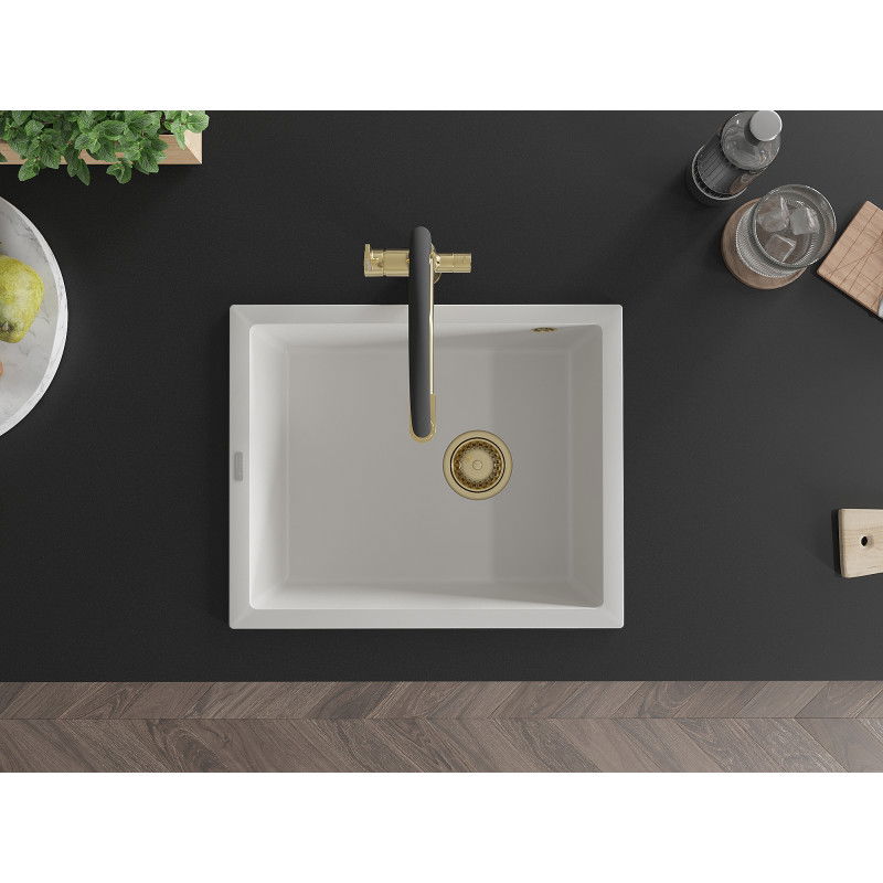 Mexen Pedro chiuvetă de granit cu 1 compartiment 560 x 460 mm, alb, sifon auriu - 6508561000-20-G