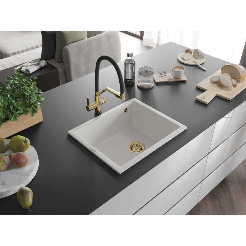 Mexen Pedro gránit mosogatótálca 1 rekeszes 560 x 460 mm, fehér, arany szifon - 6508561000-20-G