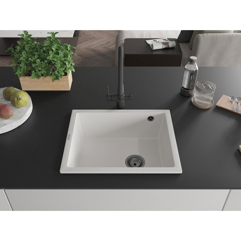 Mexen Pedro egymedencés gránit mosogató 560 x 460 mm, fehér, fekete szifonnal - 6508561000-20-B