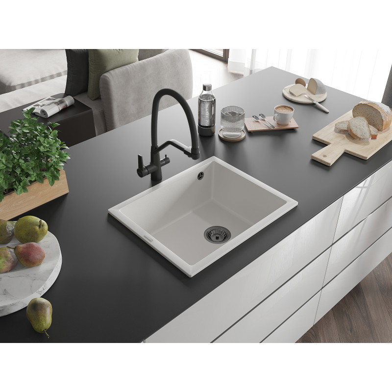 Mexen Pedro chiuvetă de granit cu o cuvă, 560 x 460 mm, albă, sifon negru - 6508561000-20-B