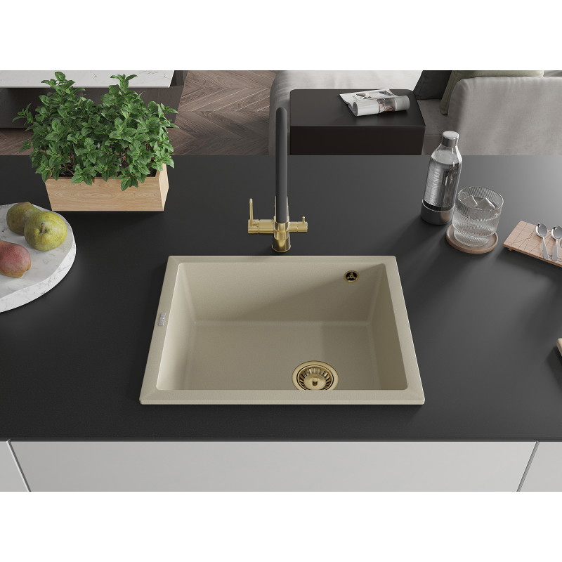 Mexen Pedro chiuvetă de granit cu 1 cuvă 560 x 460 mm, bej, sifon auriu - 6508561000-69-G