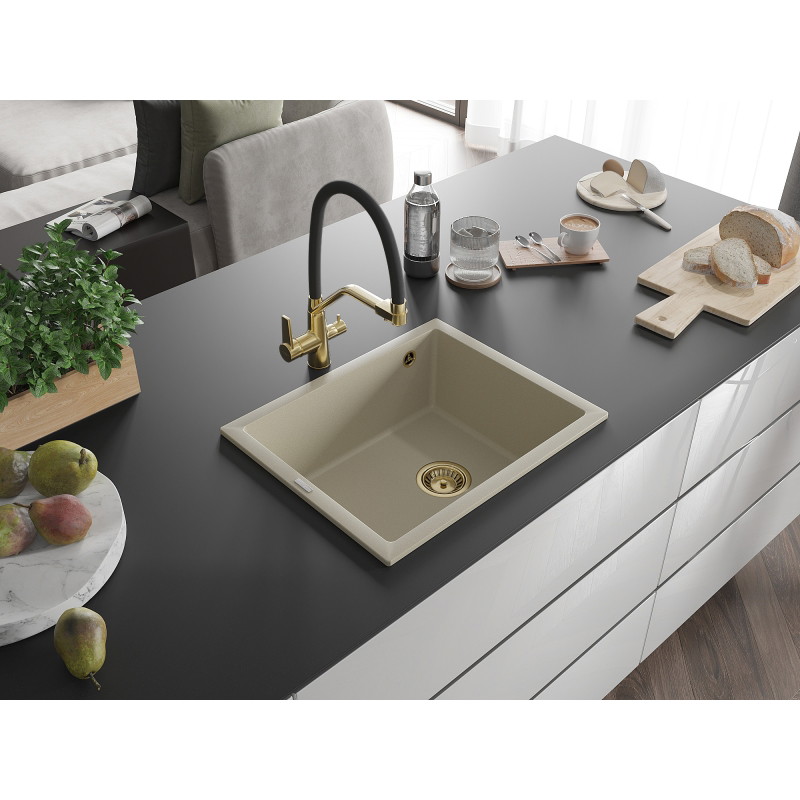 Mexen Pedro chiuvetă de granit cu 1 compartiment 560 x 460 mm, bej, sifon auriu - 6508561000-69-G