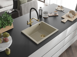 Mexen Pedro chiuvetă de granit cu 1 compartiment 560 x 460 mm, Bej, sifon Auriu - 6508561000-69-G