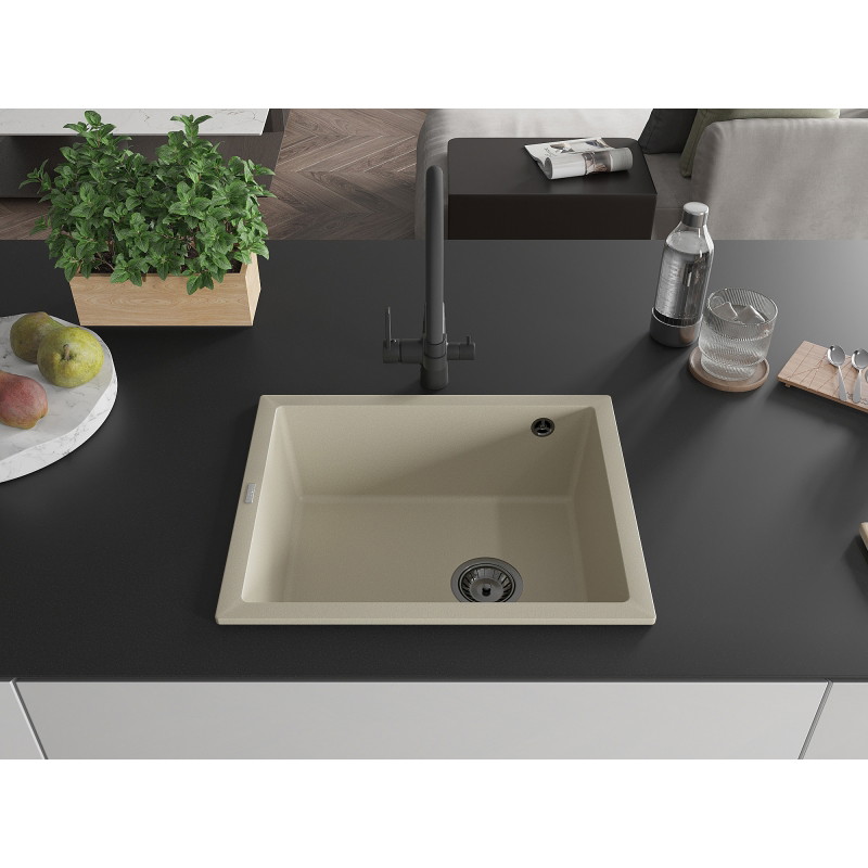 Mexen Pedro chiuvetă de granit cu 1 compartiment 560 x 460 mm, bej, sifon negru - 6508561000-69-B