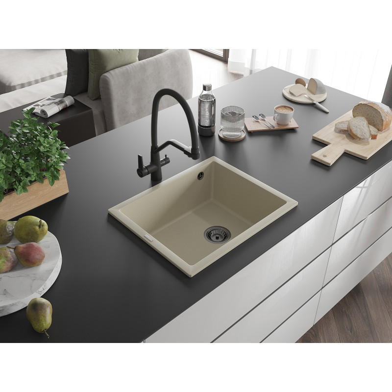 Mexen Pedro chiuvetă de granit cu o cuvă, 560 x 460 mm, bej, sifon negru - 6508561000-69-B