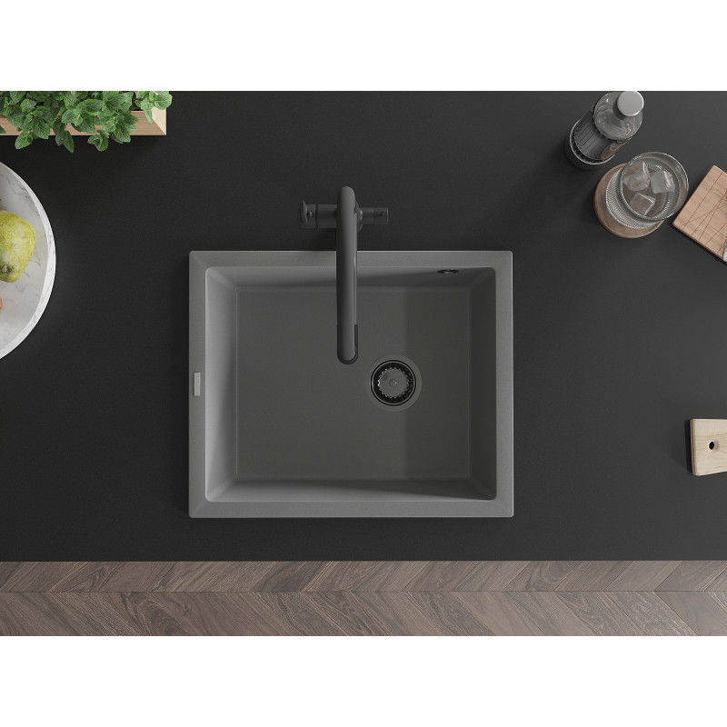 Mexen Pedro chiuvetă de bucătărie din granit cu 1 compartiment 560 x 460 mm, gri, sifon negru - 6508561000-71-B