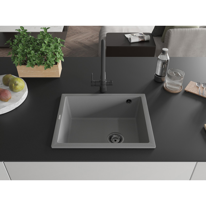 Mexen Pedro chiuvetă de granit cu 1 compartiment 560 x 460 mm, gri, sifon negru - 6508561000-71-B