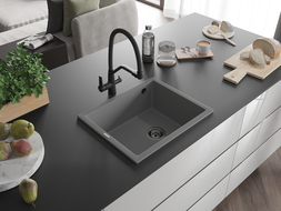 Mexen Pedro chiuvetă de granit cu 1 compartiment 560 x 460 mm, gri, sifon Neagră - 6508561000-71-B