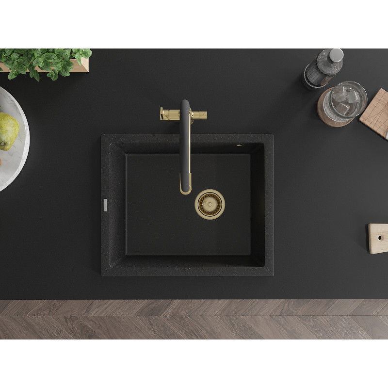 Mexen Pedro egyrekeszes gránit mosogató 560 x 460 mm, fekete/ezüst metál, arany szifon - 6508561000-73-G