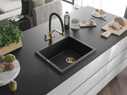 Mexen Pedro 1-medencés gránit mosogató 560 x 460 mm, Fekete/Fém ezüst, szifon Arany - 6508561000-73-G