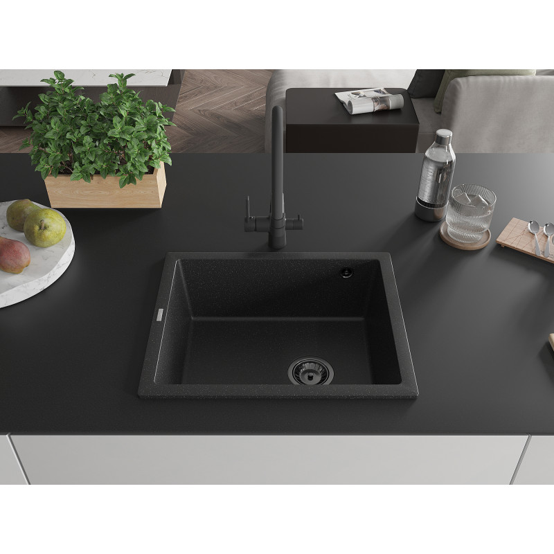 Mexen Pedro chiuvetă de bucătărie din granit 1-cam., 560 x 460 mm, negru/argintiu metalizat, sifon negru - 6508561000-73-B
