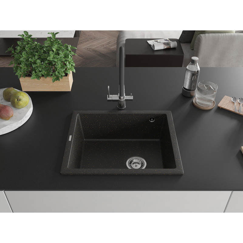 Mexen Pedro chiuvetă de granit cu 1 cuvă 560 x 460 mm, negru/auriu metalic, sifon crom - 6508561000-75
