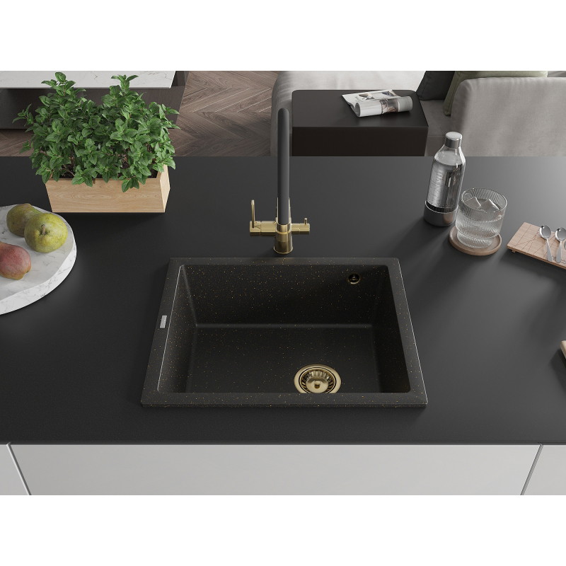 Mexen Pedro 1-medencés gránit mosogató 560 x 460 mm, fekete/arany metál, arany szifon - 6508561000-75-G
