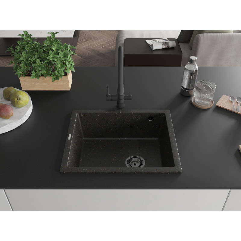 Mexen Pedro 1 rekeszes gránit mosogató 560 x 460 mm, fekete/arany metál, fekete szifon - 6508561000-75-B