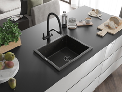 Mexen Pedro chiuvetă de granit cu 1 compartiment 560 x 460 mm, negru/auriu metalic, sifon negru - 6508561000-75-B