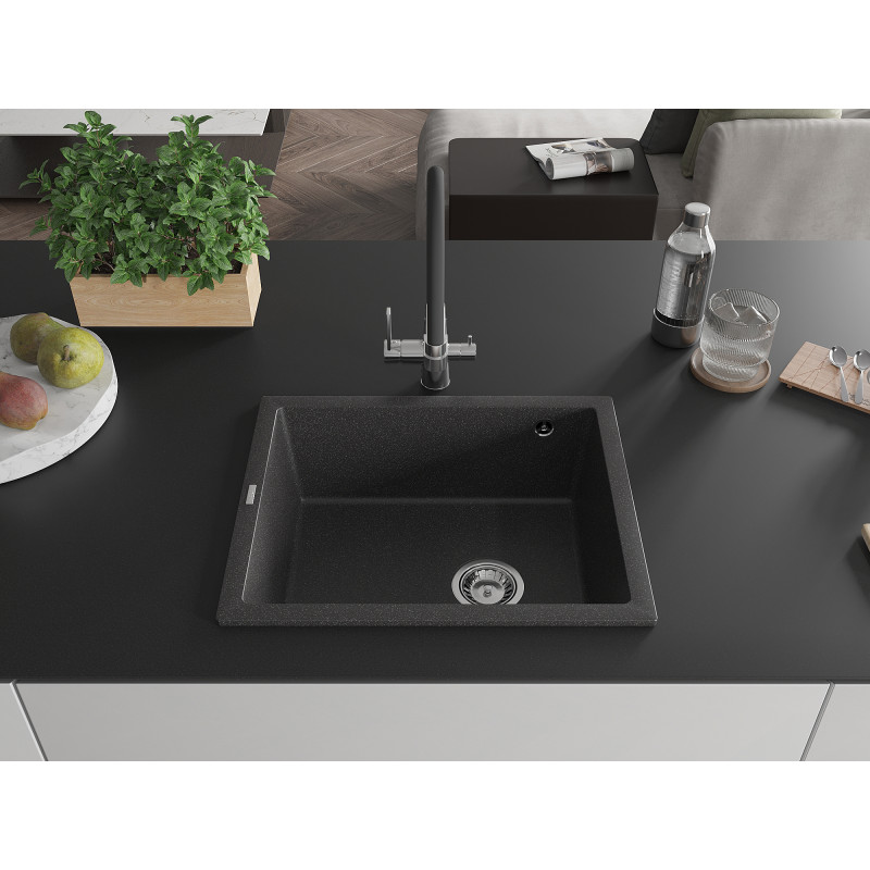 Mexen Pedro chiuvetă de granit cu 1 cuvă 560 x 460 mm, negru cu pete, sifon cromat - 6508561000-76