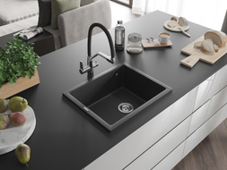 Mexen Pedro chiuvetă de granit cu 1 cuvă 560 x 460 mm, negru cu pete, sifon cromat - 6508561000-76
