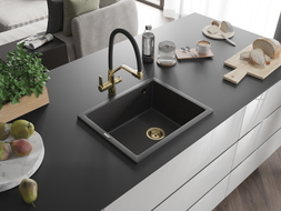 Mexen Pedro chiuvetă de granit 1-cu o cameră 560 x 460 mm, negru cu pete, sifon auriu - 6508561000-76-G