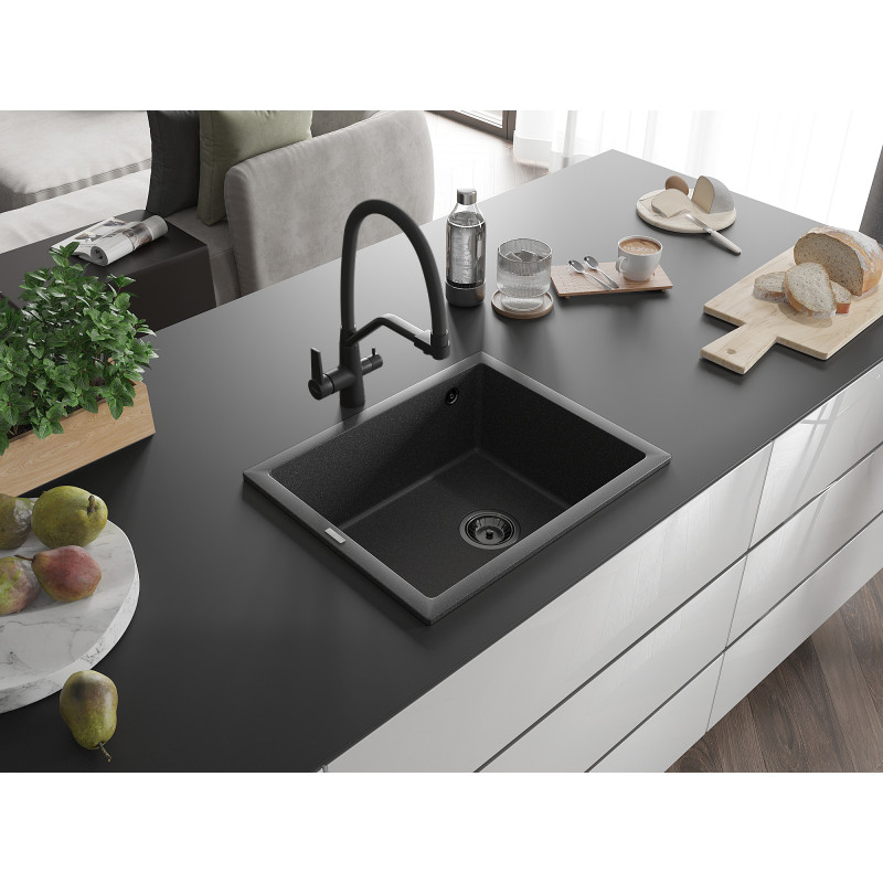 Mexen Pedro chiuvetă de granit 1-cameră 560 x 460 mm, negru picurat, sifon negru - 6508561000-76-B