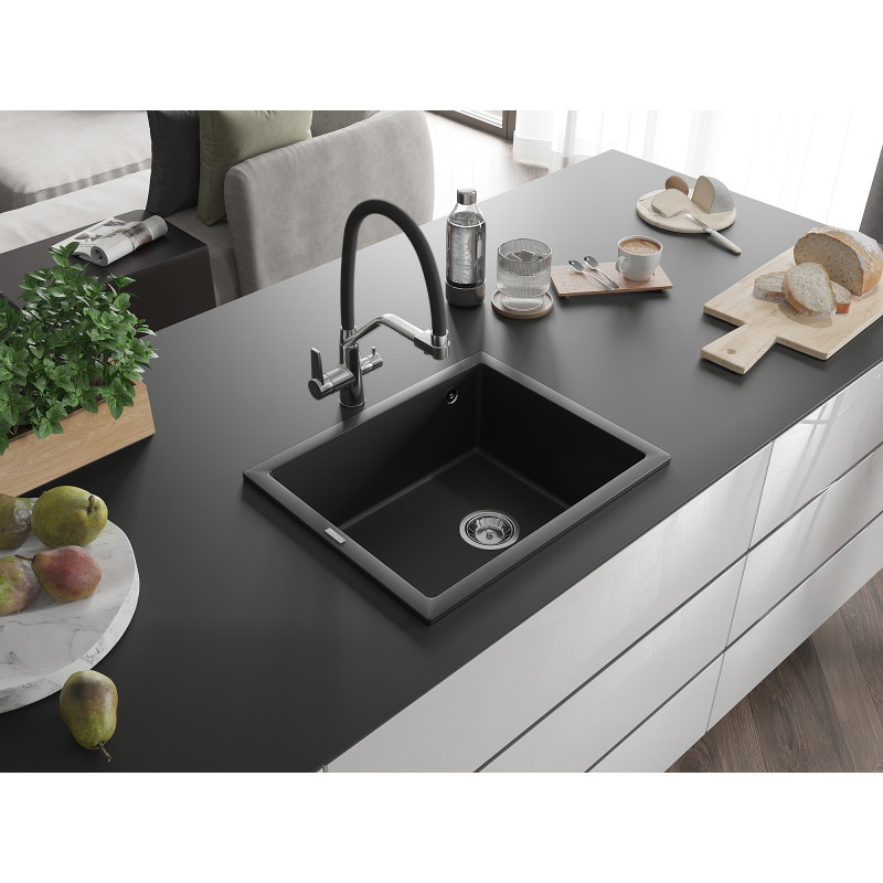 Mexen Pedro egykamrás gránit mosogató 560 x 460 mm, fekete, krómozott szifon - 6508561000-77