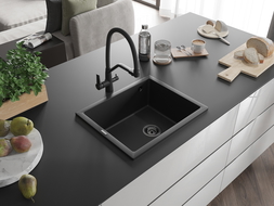 Mexen Pedro chiuvetă de granit cu 1 compartiment 560 x 460 mm, Neagră, sifon Neagră - 6508561000-77-B