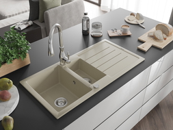 Mexen Andres gránit konyhai mosogató 1,5 medencés csepegtetővel és Savita konyhai csapteleppel, bézs - 6515-69-672601-00