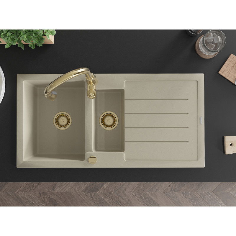 Mexen Andres 1,5-üregű gránit mosogató edényleeresztővel és Savita konyhai csapteleppel, bézs - 6515-69-672601-50