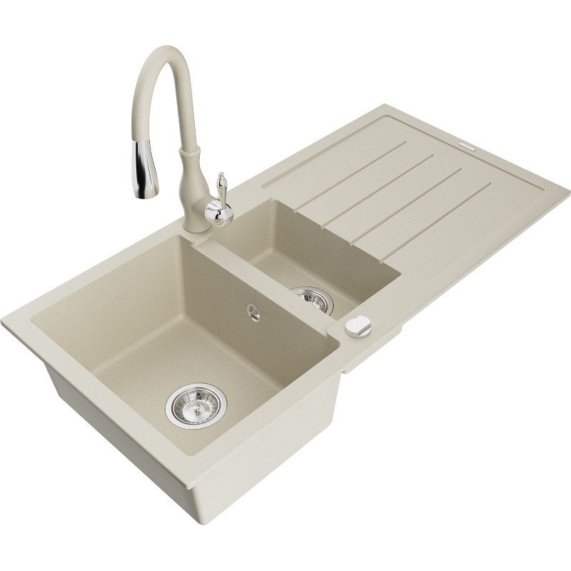Mexen Andres chiuvetă de granit cu 1,5 cuve cu scurgător și baterie de bucătărie Savita, bej - 6515-69-672601-69