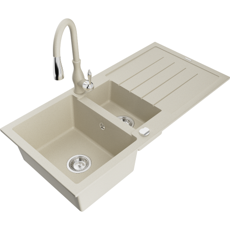 Mexen Andres chiuvetă de granit cu 1,5 cuve cu scurgător și baterie de bucătărie Savita, bej - 6515-69-672601-69