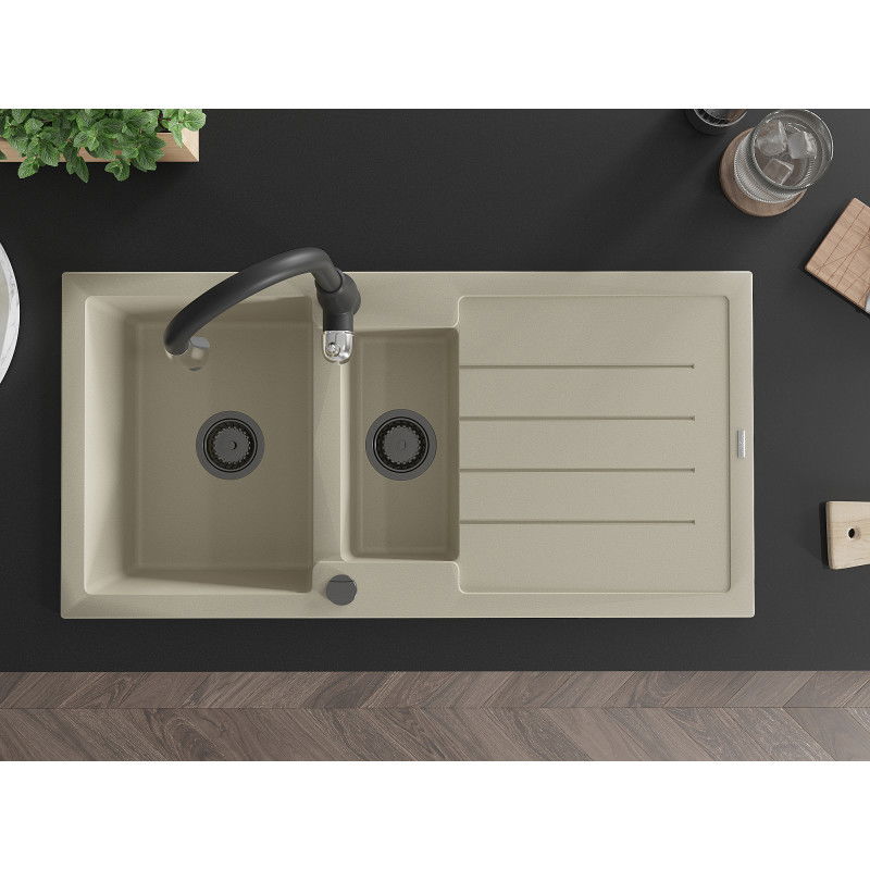 Mexen Andres chiuvetă de granit 1,5-camere cu scurgător și baterie de bucătărie Savita, bej - 6515-69-672601-70
