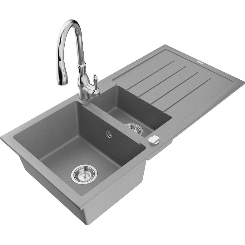 Mexen Andres chiuvetă de bucătărie din granit cu 1,5 camere și scurgător, cu baterie Savita, gri - 6515-71-672601-00
