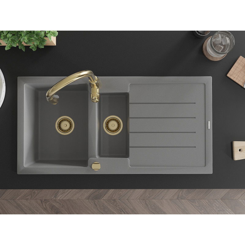 Mexen Andres chiuvetă de granit 1,5 camere cu scurgător și baterie de bucătărie Savita, gri - 6515-71-672601-50
