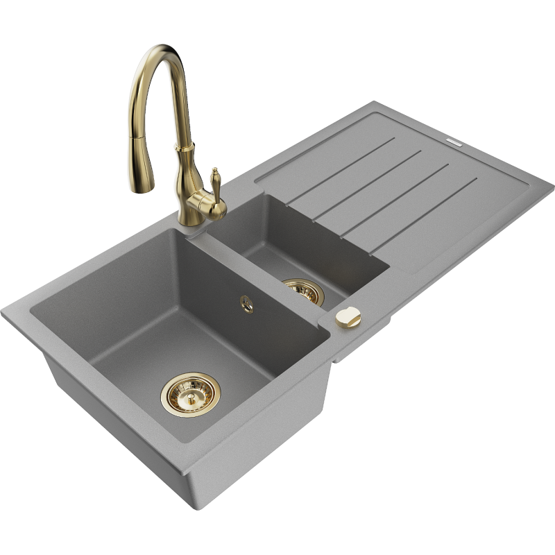 Mexen Andres chiuvetă de granit 1,5 camere cu scurgător și baterie de bucătărie Savita, gri - 6515-71-672601-50