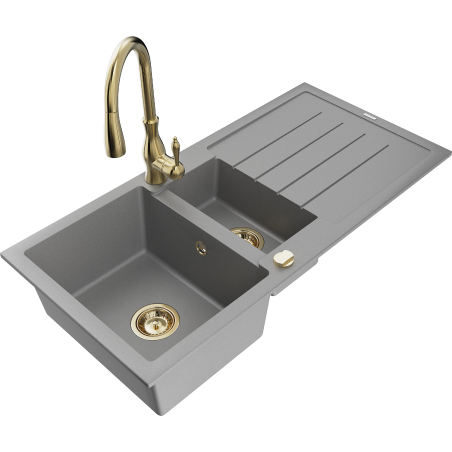 Mexen Andres chiuvetă de granit 1,5 camere cu scurgător și baterie de bucătărie Savita, gri - 6515-71-672601-50