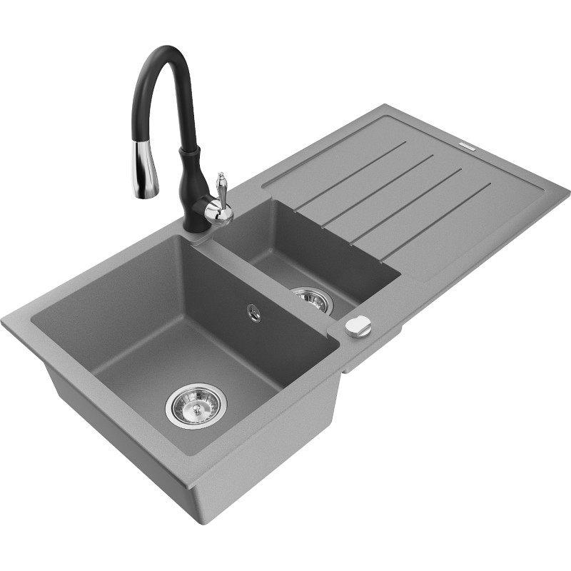 Mexen Andres chiuvetă de bucătărie din granit cu 1,5 cuve cu scurgător și baterie Savita, gri - 6515-71-672601-70