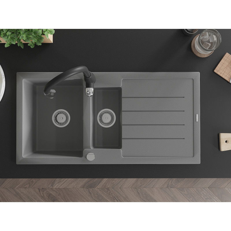 Mexen Andres gránit mosogató 1,5 rekeszes csepegtetővel és konyhai csapteleppel Savita, szürke - 6515-71-672601-70