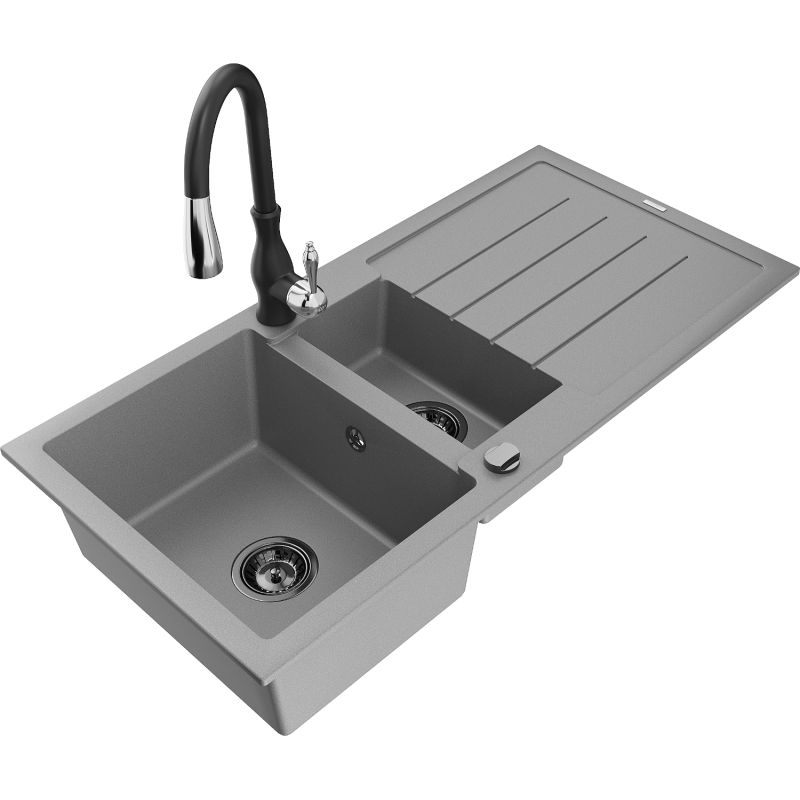 Mexen Andres chiuvetă din granit cu 1,5 camere cu scurgător și baterie de bucătărie Savita, gri - 6515-71-672601-70-B