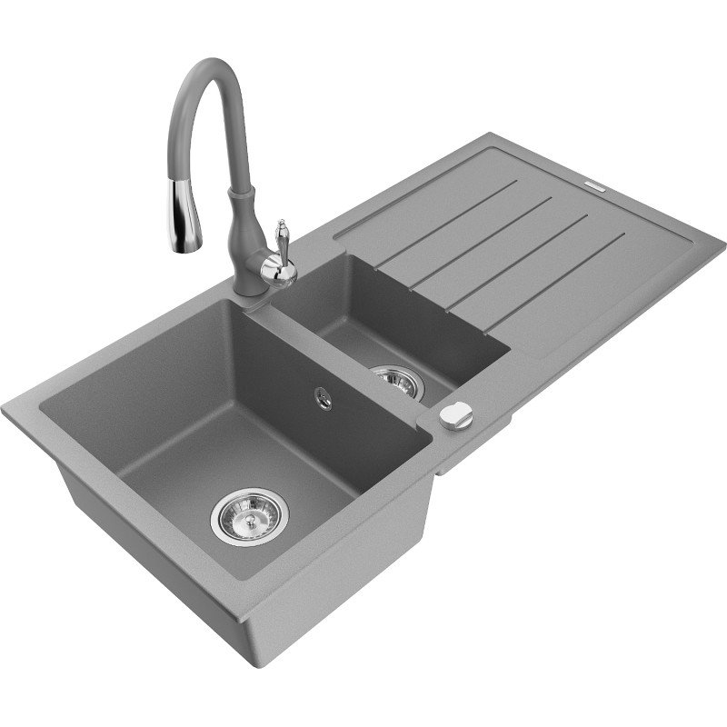Mexen Andres chiuvetă de granit cu 1,5 cuve cu scurgător și baterie de bucătărie Savita, gri - 6515-71-672601-71