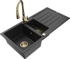 Mexen Andres chiuvetă de granit 1,5 camere cu scurgător și baterie de bucătărie Savita, negru/argintiu - 6515-73-672601-50
