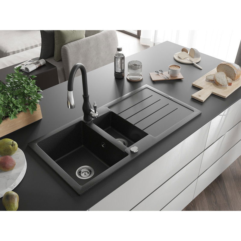 Mexen Andres chiuvetă din granit cu 1,5 cuve cu scurgător și baterie de bucătărie Savita, negru/argintiu - 6515-73-672601-70