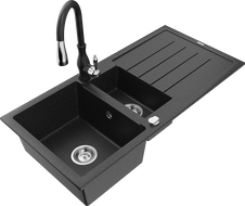 Mexen Andres chiuvetă din granit cu 1,5 cuve cu scurgător și baterie de bucătărie Savita, negru/argintiu - 6515-73-672601-70